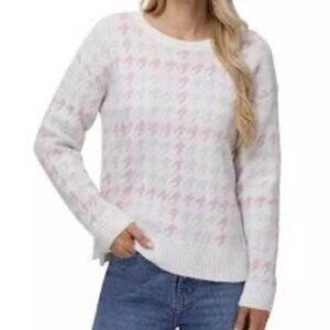 525 America Pink & Cream Houndstooth Crew Neck Sweater | Classic Cozy Knit NWT